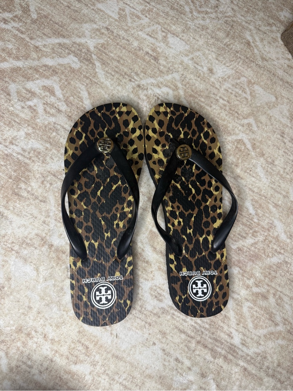 Tory Burch Leopard-Print Flip Flop Sandals with Black Straps